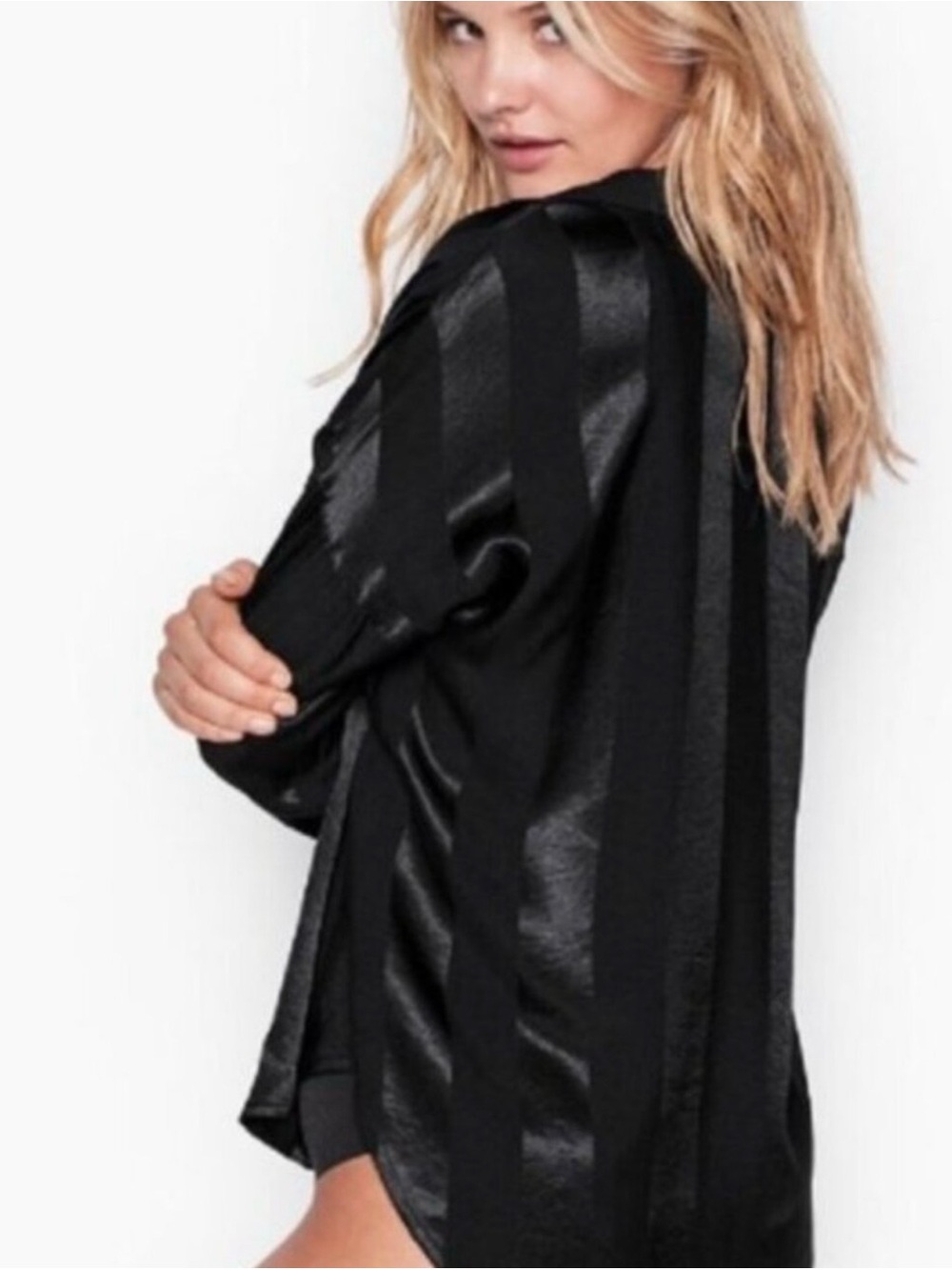 Victoria's Secret Black Striped Satin Button-Down Shirt